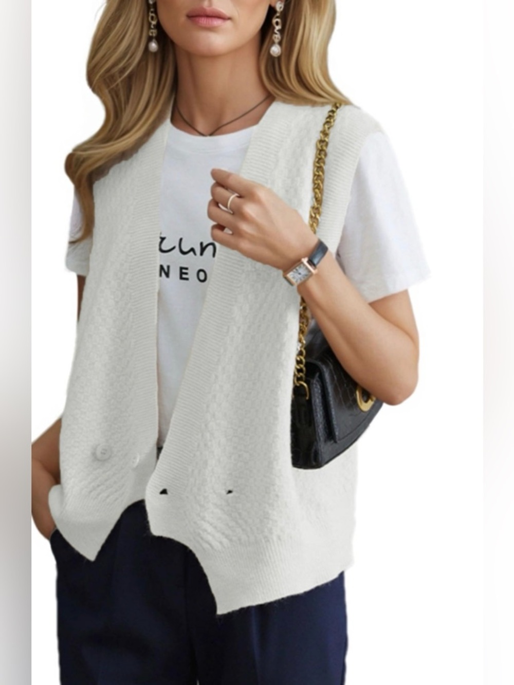 Cream Double-Button Knit Vest with Shawl Collar